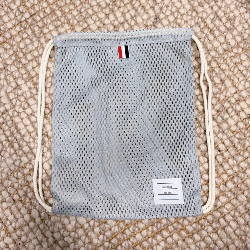 Thom Browne Designer Mesh Gym Bag Perforated Drawstring Bag EUC Gray & White